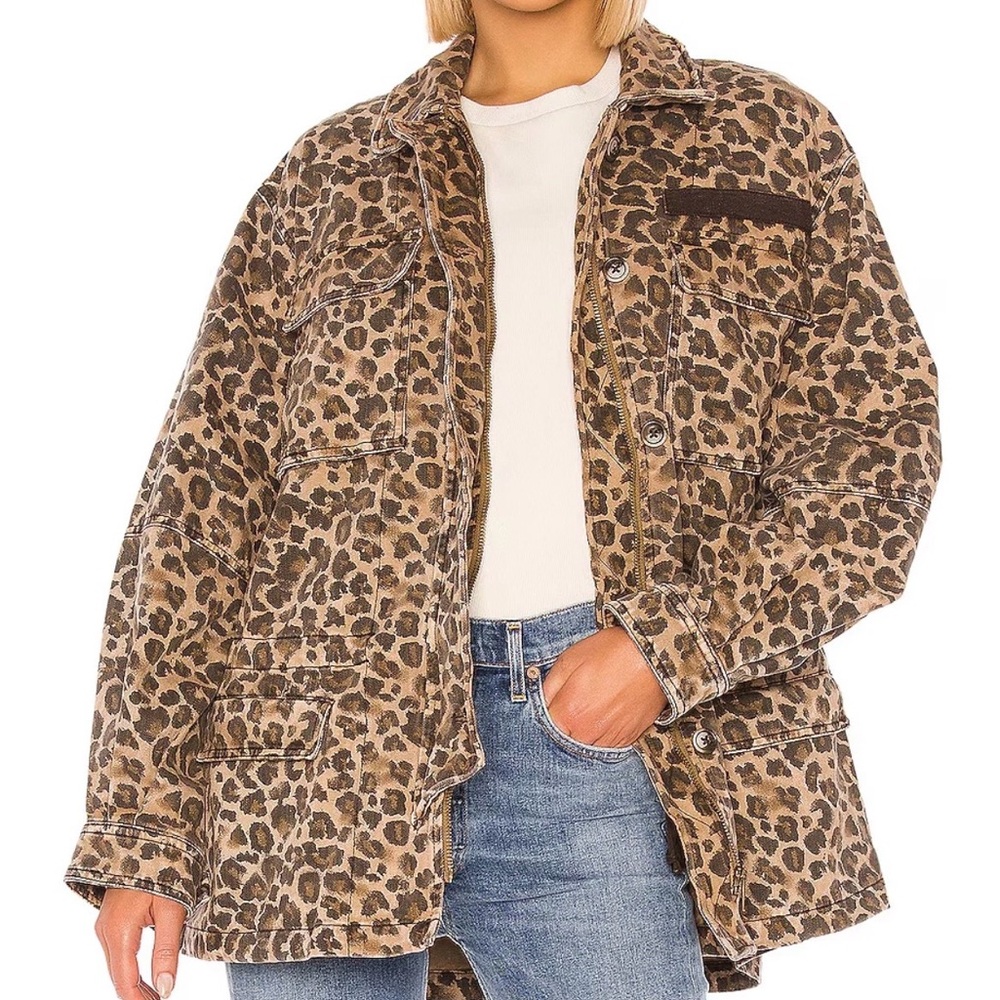 Free People Jacket Women XS Tan Military Field Animal Leopard Print Zip Button - Picture 1 of 14